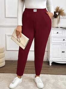 SHEIN PETITE CURVE 大码休闲纯色口袋裤 - 紅色 - 查看 4