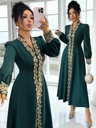 Rafferiza Elegant Middle Eastern Party & Festival Dress, Emerald Green Stand Collar Long Sleeve Embroidered Gold Floral Trim Waist A-Line Midi Dress For Women, Autumn/Winter/Spring