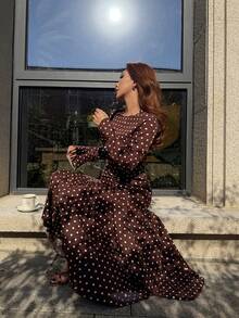 Pariaura 优雅波点荷叶边连衣裙，咖啡棕色，长袖，收腰设计，秋冬款 - 咖啡 - 查看 4