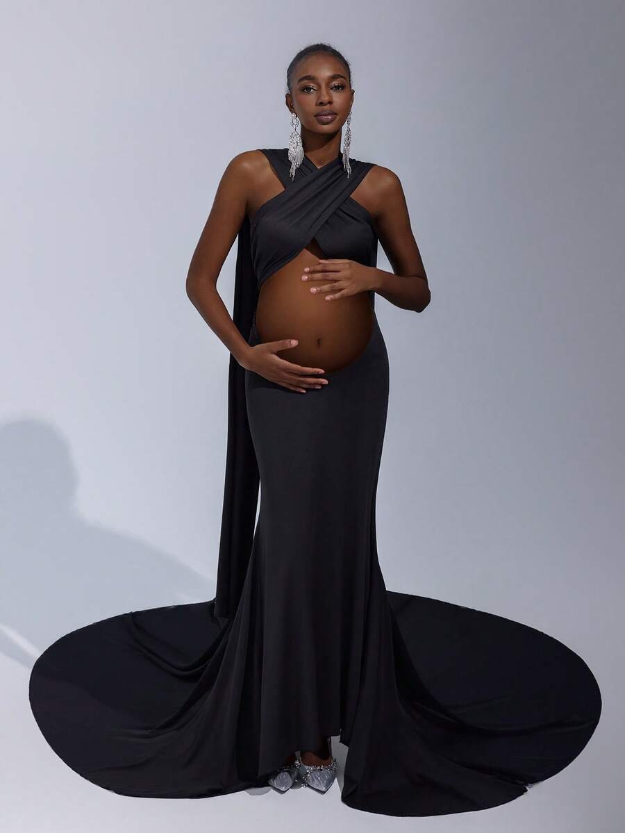 Cheriluna Maternity 纯色抹胸飘逸长款孕妇连衣裙，适合拍照 - 黑色 - 查看 1