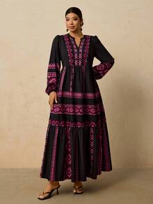 Travachic Váy dài tay họa tiết hoa và sọc Bohemian cỡ lớn dành cho nữ, phong cách thường ngày ngày lễ, mùa thu/đông - màu đen - Xem 5