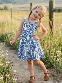 Emery Rose Kids Emery Rose Kids Young Girl Blue Totem Print Detachable Bow Decor Dress, Fashionable Design Suitable For Outdoor Vacation Blue And White Floral Dress Girls Open Back Dress For Kids Twirl Dress Girls Tween Blue And White Dress