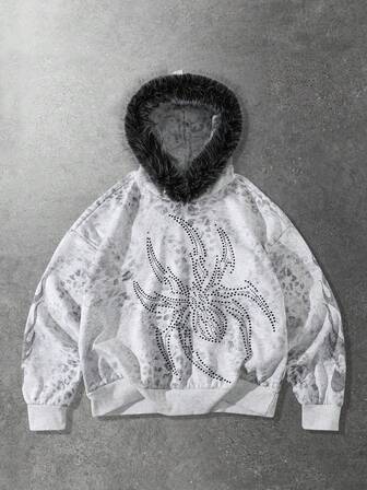 Sudadera con capucha de manga larga con estampado de araña de rhinestone y cuello de piel para hombre