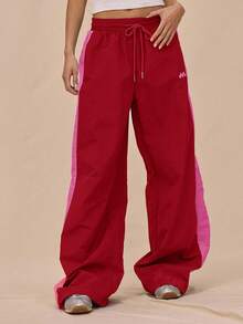 MUSERA Drawstring Waist Nylon Contrast Panel Wide Leg Tracksuit Bottoms Only Airport Casual The Book Shop Fall Autumn Summer - Burgundy - View 2