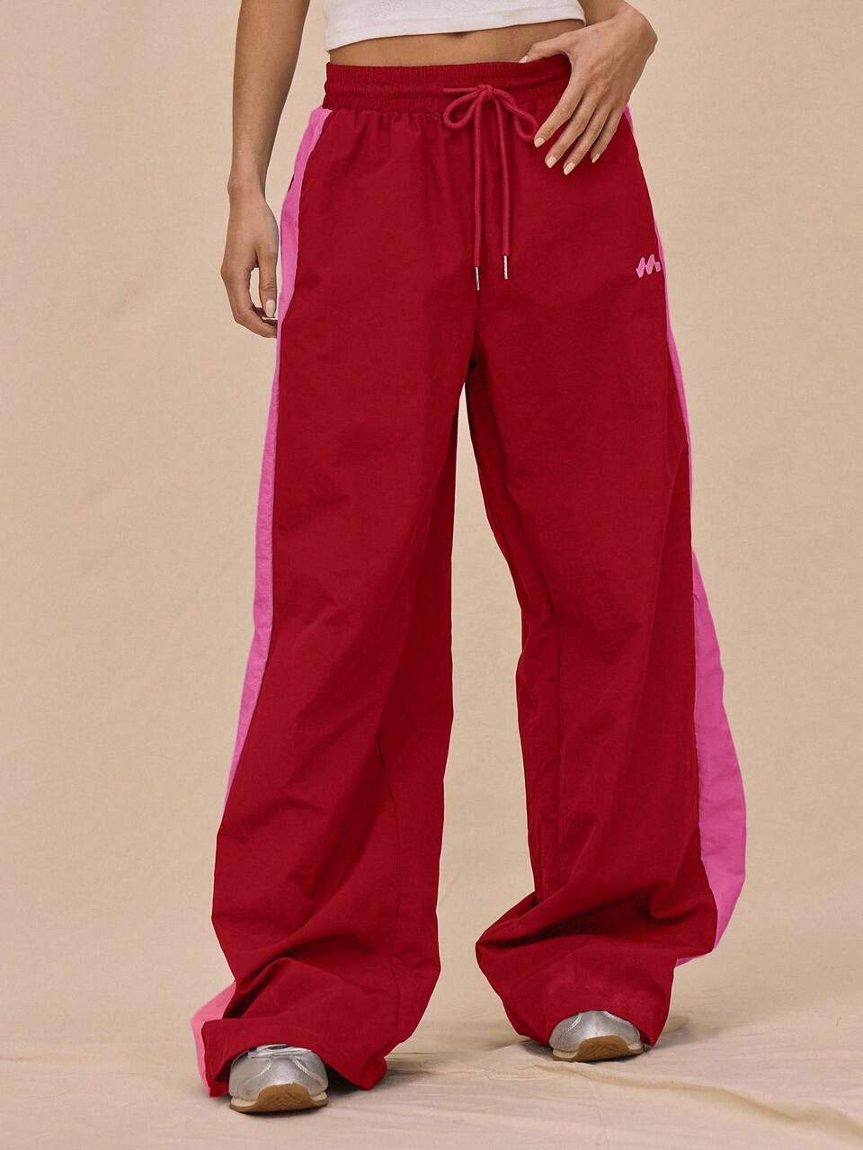 Red & Pink Nylon Drawstring Waist Contrast Wide Leg Tracksuit Bottoms Only