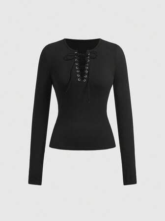 Grunge Punk Y2K Sexy figurbetontes Damen T-Shirt mit Schnürung