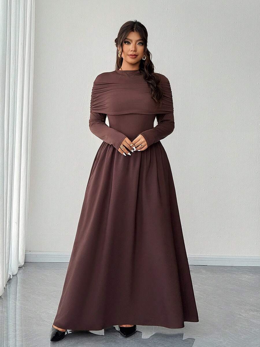 Elenzga Plus Size Women's Long Sleeve A-Line Elegant Romantic Dress, Autumn/Winter Fall - Coffee Brown - View 1