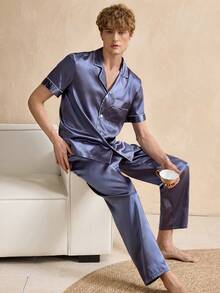 EverLounge Men's Contrast Trim Button Front Short Sleeve Top And Pants Pajama Set - Light Grey - View 5