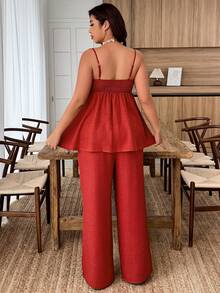 Weeklong Plus Size Women's Casual Camisole & Wide Leg Pants 2 Pieces Set, Spring/Summer - Red - View 2