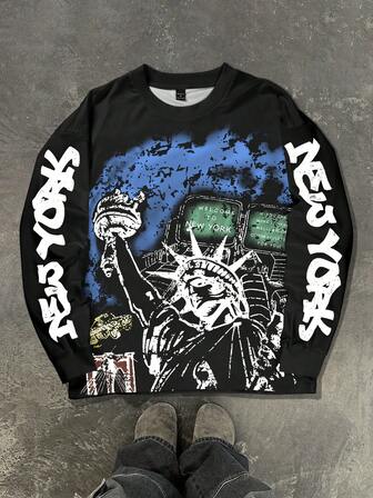 Manfinity EMRG Plus Size Men's Loose Fit Dropped Shoulder Long Sleeve Casual Crew Neck T-Shirt