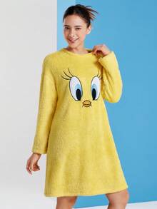 LOONEY TUNES X SHEIN Women Cute Cartoon Expression Embroidery Drop Shoulder Loose Long Sleeves Fuzzy Flannel Sleep Dress, Fall/Winter Christmas Women Fluffy Family Warm Thermal Women Sleepwear Yellow New Years Outfit, Cozy - Yellow - View 4