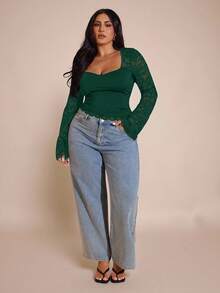 SHEIN BAE Plus Size Women's Elegant Sweetheart Neck Contrast Lace Long Sleeve Blouse, Spring/Autumn - Dark Green - View 4