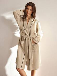 Ocili Soft & Comfortable Waffle Knit Open Front Robe, Casual Loungewear For Women, Spring/Autumn - Khaki - View 5