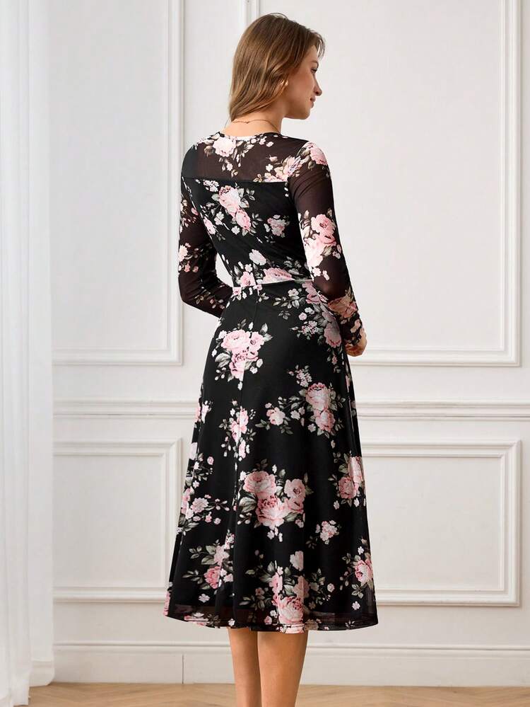 Vestido de línea A con cuello redondo y estampado floral elegante para mujer, otoño