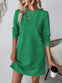 SHEIN LUNE Solid Color Round Neck Casual Versatile Long Sleeve Dress - Green - View 7