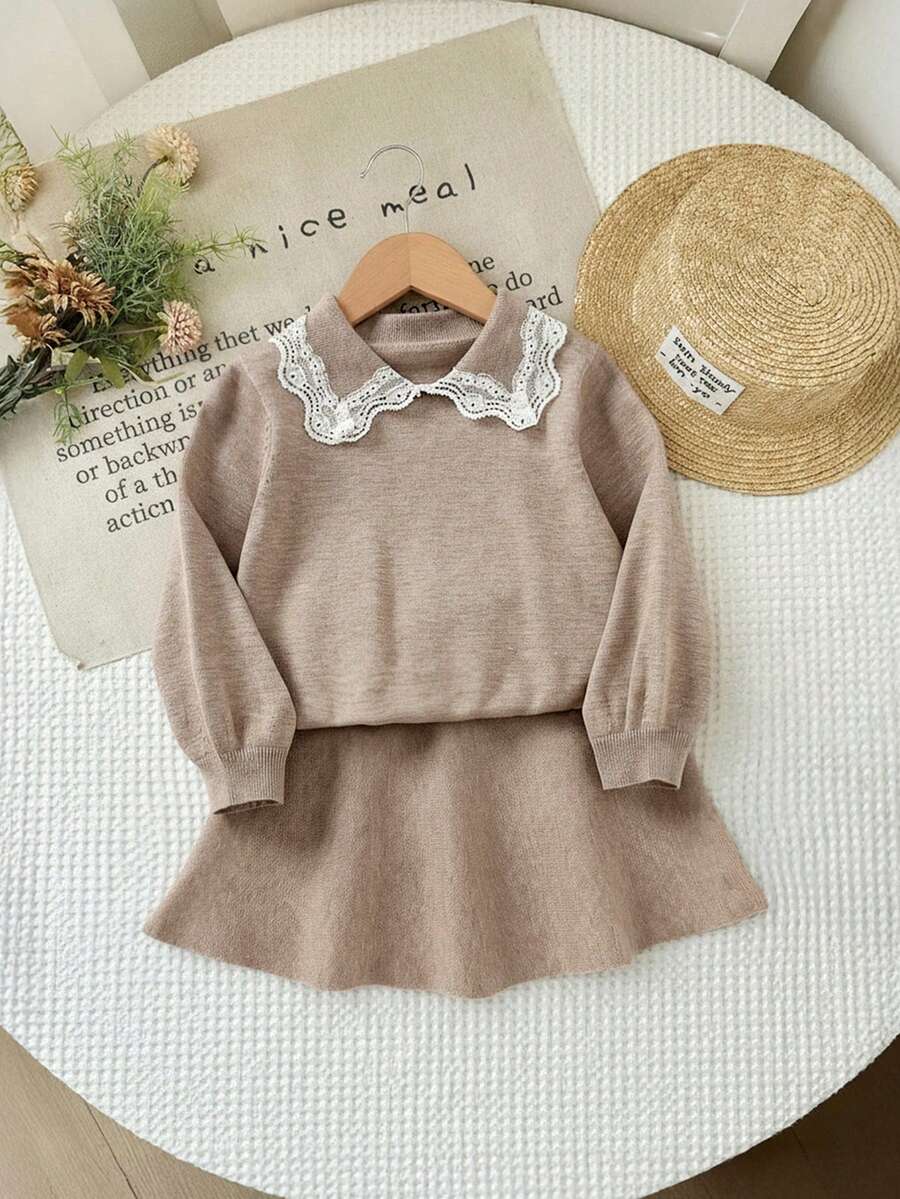 SHEIN Bộ áo len và chân váy xếp nếp màu tương phản dễ thương cho bé gái - Màu Khaki - Xem 1