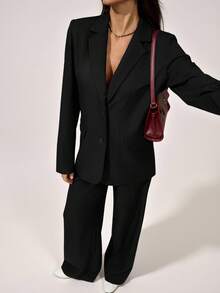 SHEIN Tall Bộ vest quần dài tay rộng rãi họa tiết màu đen tối giản dành cho nữ trẻ, phong cách cơ bản thường ngày khi đi làm - màu đen - Xem 7