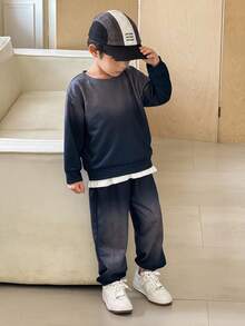 SHEIN 2 件套年轻男孩休闲街头时尚韩版扎染连帽运动衫和纯色松紧腰运动裤套装，适合返校、生日、迎婴派对、节日派对、秋冬季 - 黑色 - 查看 7