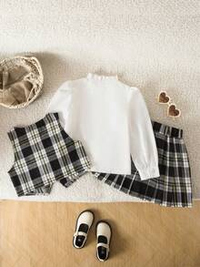 Emery Rose Kids Emery Rose Kids 3pcs/Set Young Girls Elegant Gold Button Vest, Ruffle Collar Shirt, And Pleated Plaid Skirt Suit, Suitable For Autumn/Winter, Party, Daily Wear, Christmas, School, Matching Sister Outfits - Black and White - View 2