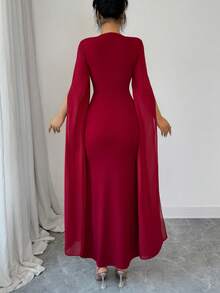 Rafferiza Elegant And Sophisticated V-Neck Long Dress With Gold Lace Embroidery, Fitted Waist, Hip-Hugging Knit, Stretch Chiffon, And Fairy Sleeves. Perfect For Spring And Summer. Also Suitable For Weddings, Evenings, Valentine's Day, Birthdays, And Other Occasions. A Red Dress For Women, Perfect For Weddings. - Burgundy - View 2