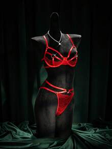 SpicyHot 2pcs Lace Sexy Lingerie Set (With Underwire, Thong) For Women - Red - View 3