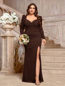 SHEIN Belle Váy phù dâu thanh lịch tay lỡ vải thun caramen cỡ lớn xẻ tà cao - Cà phê nâu - Xem 5
