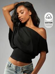 MISSGUIDED Off Shoulder Dolman Top Elastic Waist Modern Minimalist Knit Crop Blouse Summer Beach Boho Evening Party Casual Lounge Daily Wear