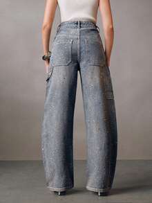 Anewsta Women's Pocket Button Casual Versatile Rhinestone Flared Leg Jeans - Blue - View 2