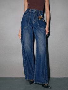 Anewsta Quần jeans ống đứng nữ màu xanh lãng mạn với họa tiết hoa 3D bằng kim loại, thích hợp cho ngày Valentine, mùa xuân/hè. - Rửa tối - Xem 2