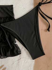 EgrlEra 女士纯色蛋糕裙露背吊带性感比基尼三件套，沙滩度假 - 黑色 - 查看 7