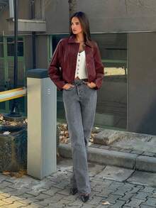 SHEIN TRNDY Women's Retro Lapel PU Leather Jacket, Casual Commuter Coat For Autumn/Winter - Burgundy - View 7