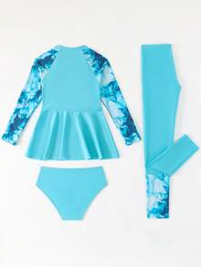 SHEIN 青少年女孩扎染印花分体泳衣套装，插肩袖，休闲假日风格 - 青碧色 - 查看 2