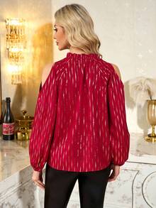 SHEIN Clasi 女式条纹露肩宽松时尚优雅衬衫 - 酒紅色 - 查看 2