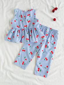 SHEIN Vintaside Kids 女婴两件套，蓝白格子樱桃印花无袖上衣搭配同款长裤，清新乡村风，适合海滩度假、公园郊游、日常穿着。 - 藍色 - 查看 3