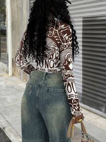 Rovax Áo thun tay dài in họa tiết graffiti và chân dung cổ điển dành cho nữ, phong cách đường phố - Nhiều màu - Xem 2