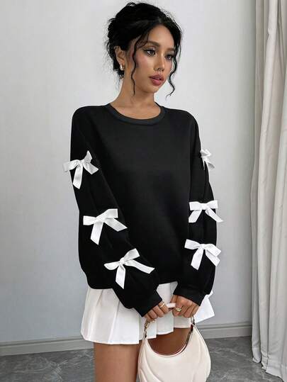 Elenzga 大码圆领3D蝴蝶结休闲套头卫衣