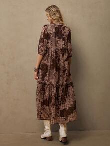 Freevana 波西米亚风佩斯利印花雪纺连衣裙，度假必备波西米亚风单品 - 咖啡棕 - 查看 2