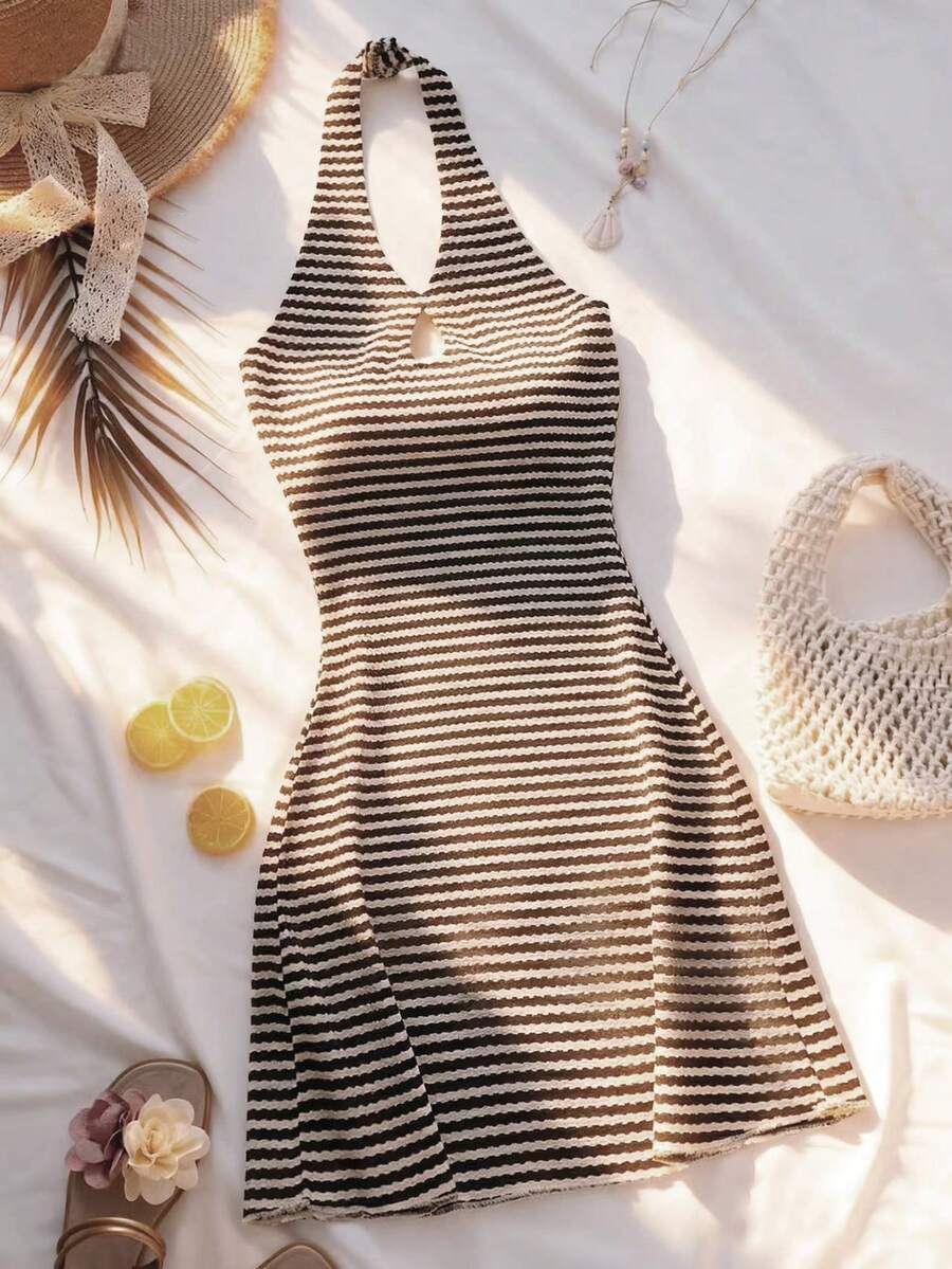 Teen Girls Holiday Leisure Style Slim-Fitting Strapless Striped Knit V-Neck Hook-And-Loop Hanging Neck Mid-Length Tight Waist Back-Revealing Knit Dress Suitable For Daily Summer Holiday Dressing - Coffee Brown - View 1