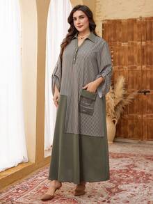 Lacomfia Vestido plus size feminino elegante com estampa listrada, bolsos e modelagem solta em A com mangas compridas.