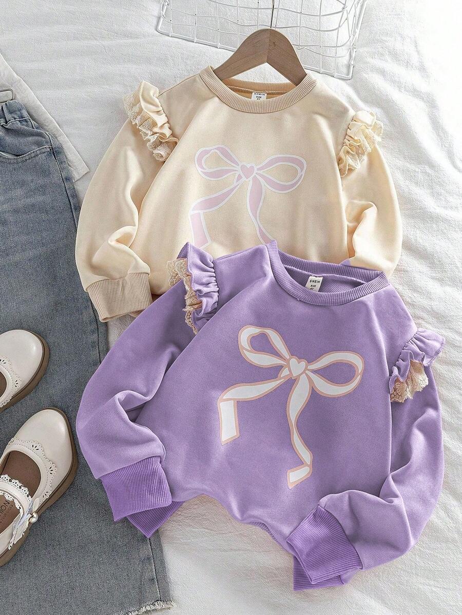 Genkimix Kids 2件装女童蝴蝶结荷叶边修身套头卫衣，适合秋冬季穿着 - 彩色 - 查看 1