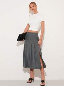COSMINA 女士优雅百褶条纹半身裙，适合通勤、办公和日常穿着 - 灰色 - 查看 5