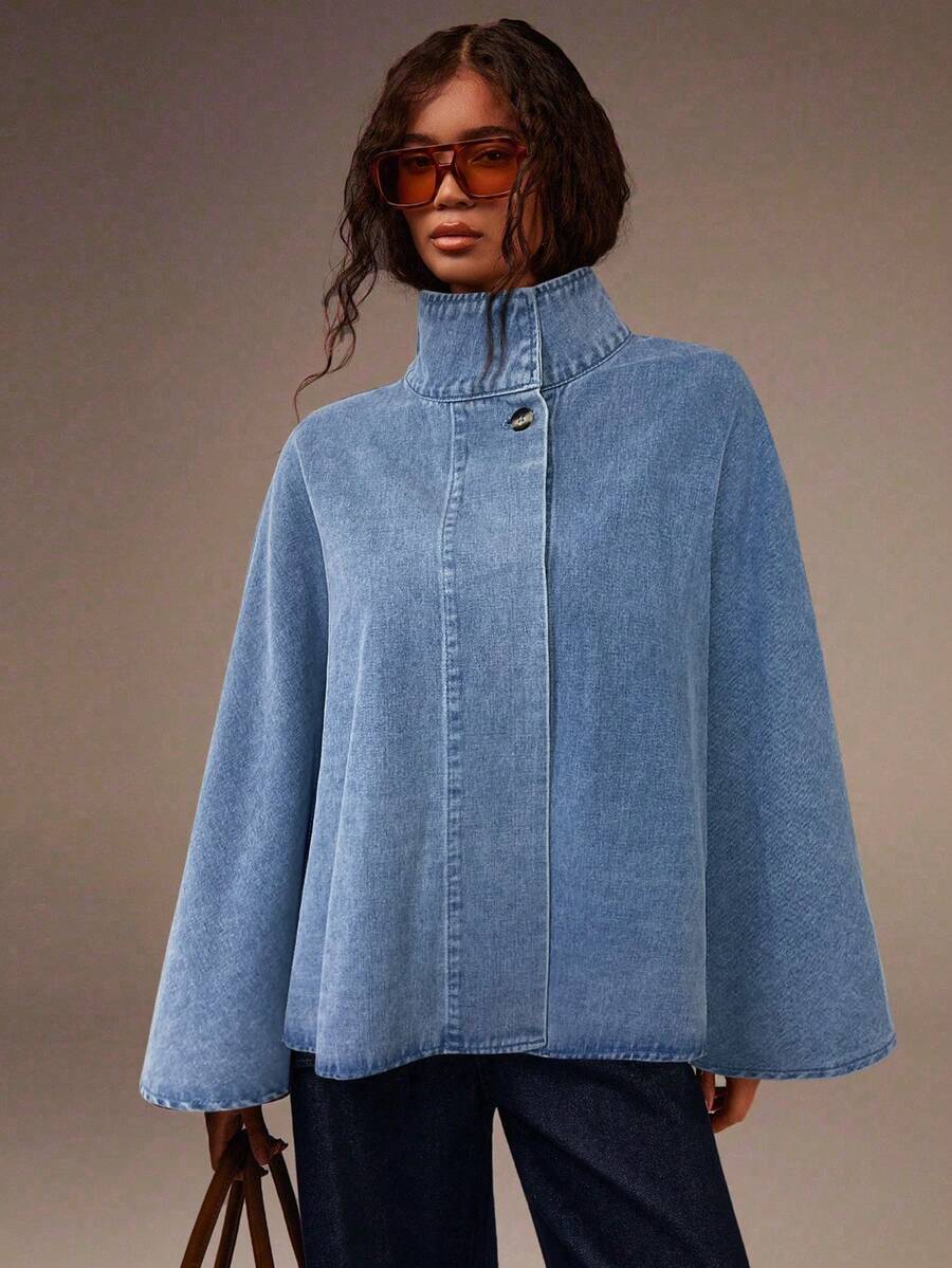 Athîral Women's Casual Fashion High Collar Loose Denim Cape Jacket, Autumn/Winter - Baby Blue - View 1