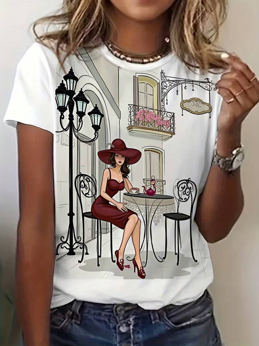 EMERY ROSE Women's Paris Cafe Scenery Print Short Sleeve T-Shirt - Multicolor - View 1