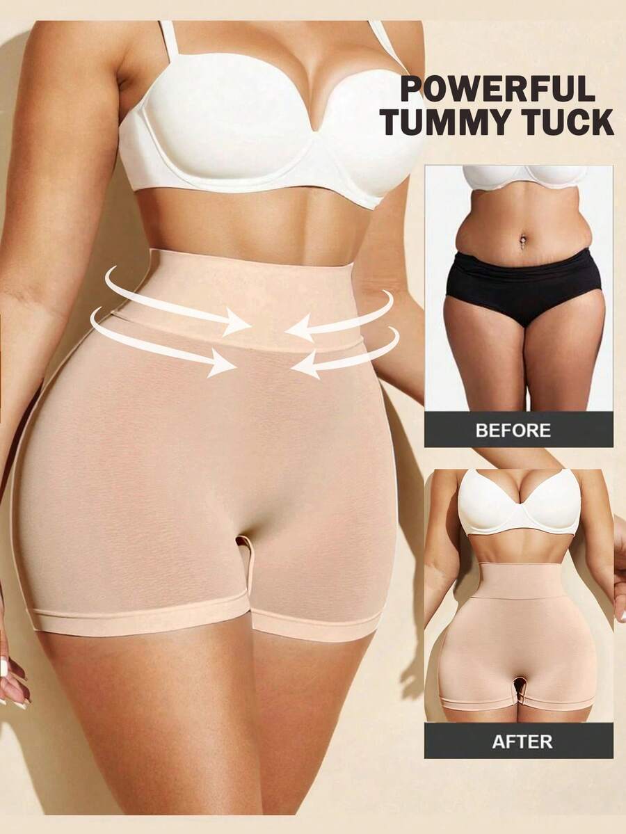 SHEIN 1件装女士无缝高腰塑形内裤 - 杏色 - 查看 1