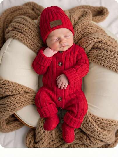 SHEIN Newborn Baby Girl Cute Knitted Jumpsuit, Footie & Hat Set, Versatile For Autumn/Winter