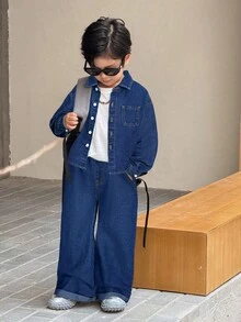 SHEIN 2pcs Young BoyGray Denim Lapel Long Sleeve Shirt And Loose Fit Pants Set - Dark Wash - View 3