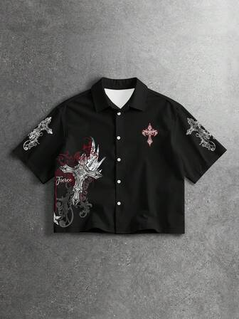 Street Life Chemise décontractée à manches courtes à simple boutonnage avec imprimé croix pour hommes