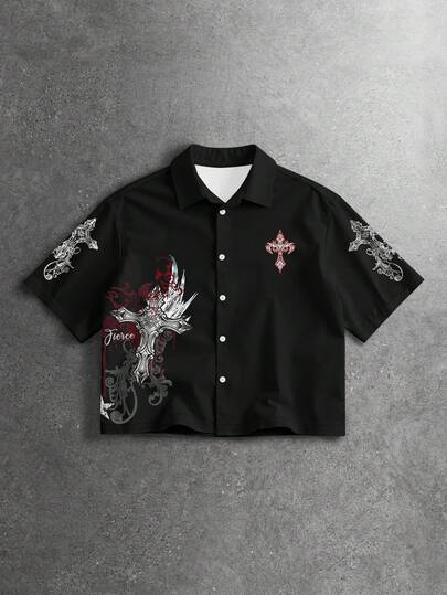 Street Life Camisa casual de manga corta con estampado de cruz de un solo pecho para hombre