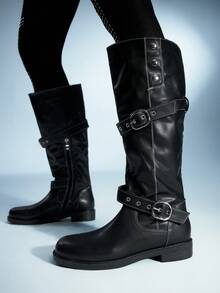 Sugerpunk Women's Fashion Adjustable Buckle Knee-High Boots For Christmas - Black - View 1