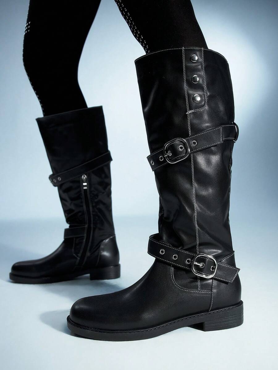 Sugerpunk Women's Fashion Adjustable Buckle Knee-High Boots For Christmas - Black - View 1